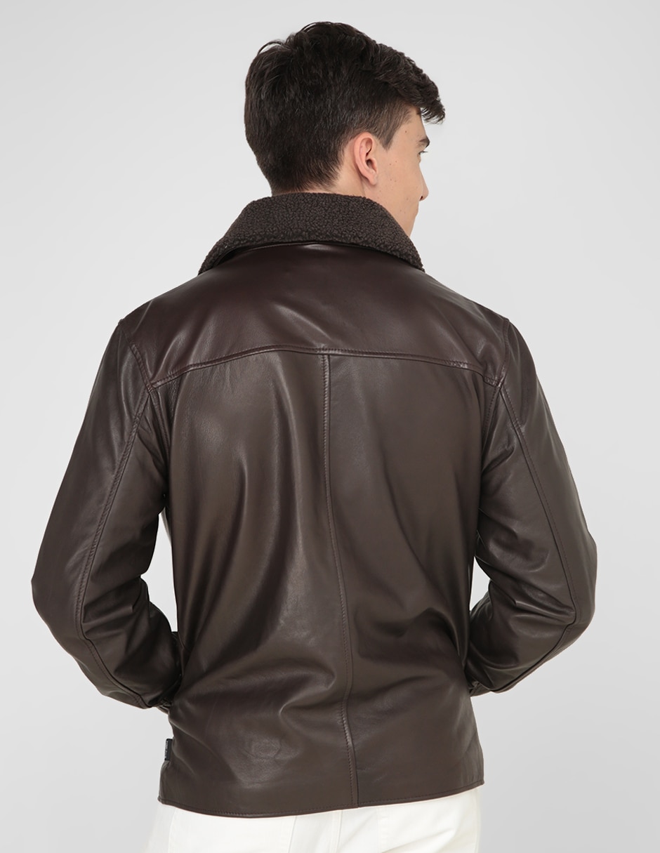 Chamarra cazadora de piel con bolsillos para hombre 2