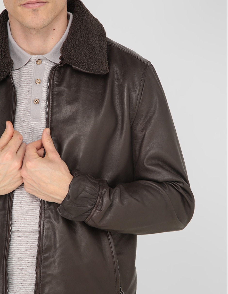 Chamarra cazadora de piel con bolsillos para hombre 4