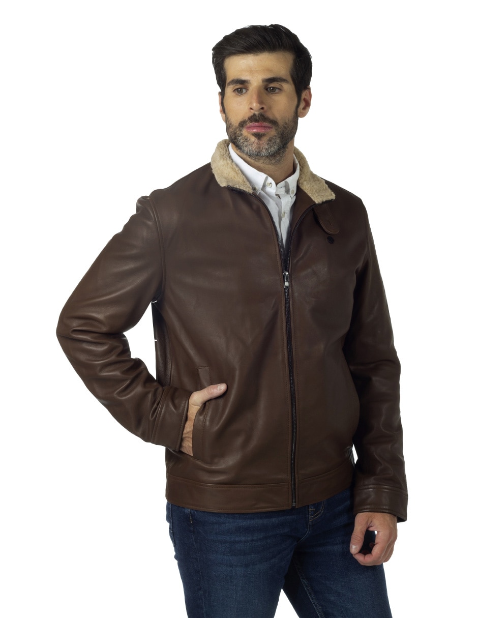 Chamarra casual de piel bovino con bolsillos para hombre