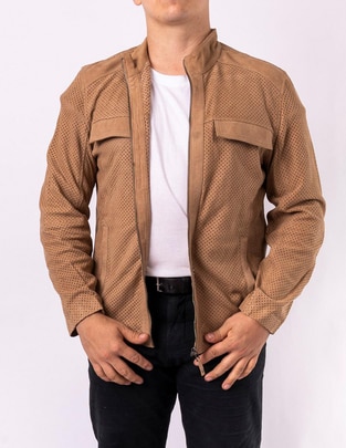 Chamarra casual de piel con cortes para hombre