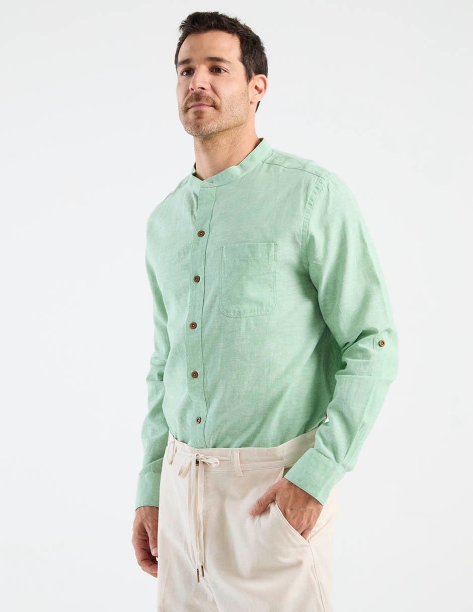 Camisa casual de algodón y lino manga larga para hombre 1