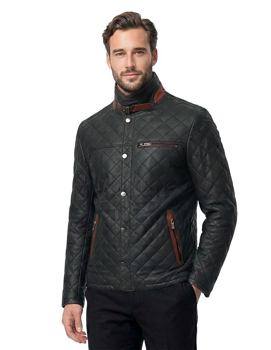 Chamarra capitonada de piel con bolsillos para hombre Chamarra capitonada de piel con bolsillos para hombre