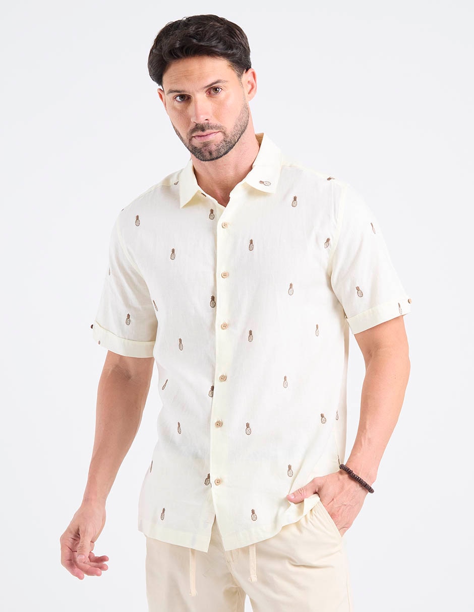 Camisa casual cubavera de algodón y lino manga corta para hombre