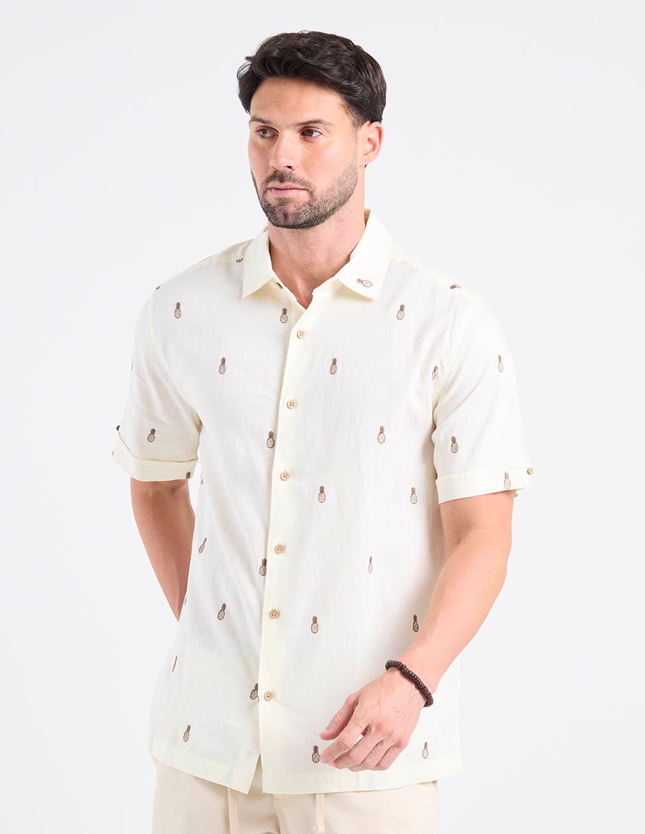 Camisa casual cubavera de algodón y lino manga corta para hombre