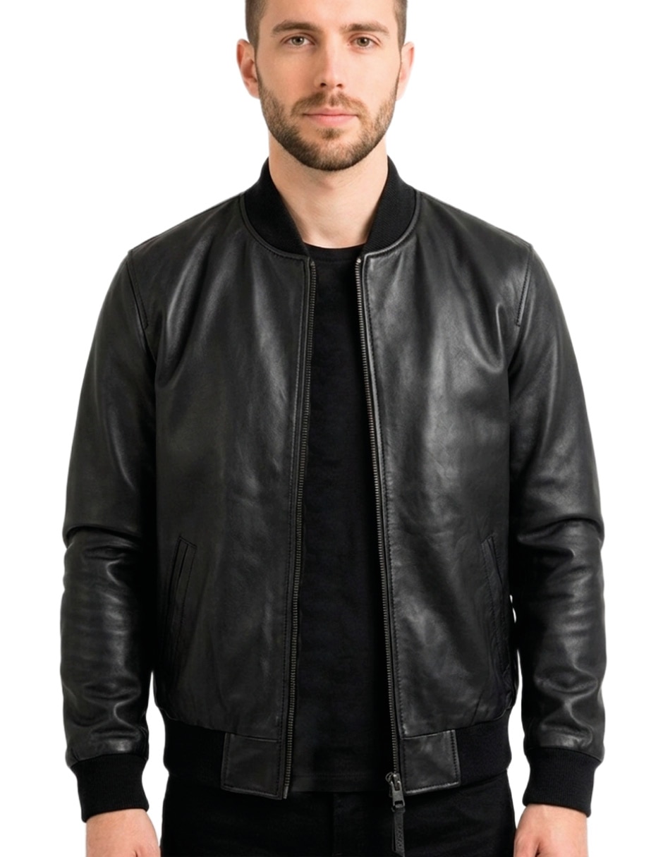 Chamarra bomber impermeable de piel para hombre