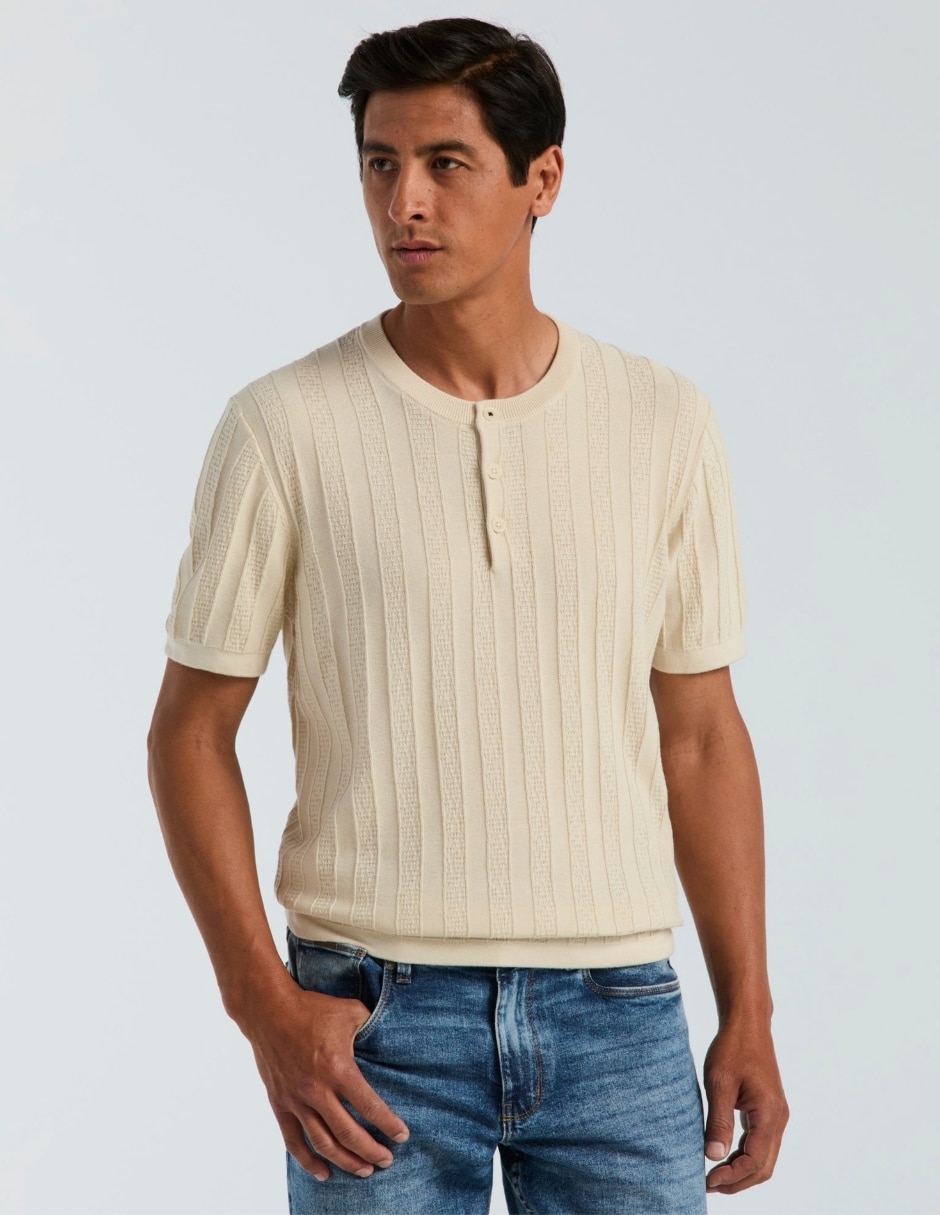 Playera playera tejida cuello henley para hombre