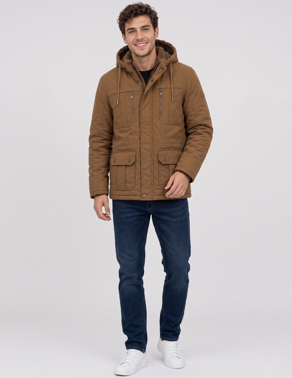 Chamarra parka capucha y bolsa para hombre